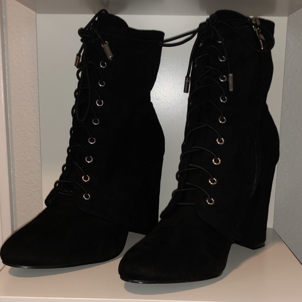 Black suede lace-up mid-calf booties